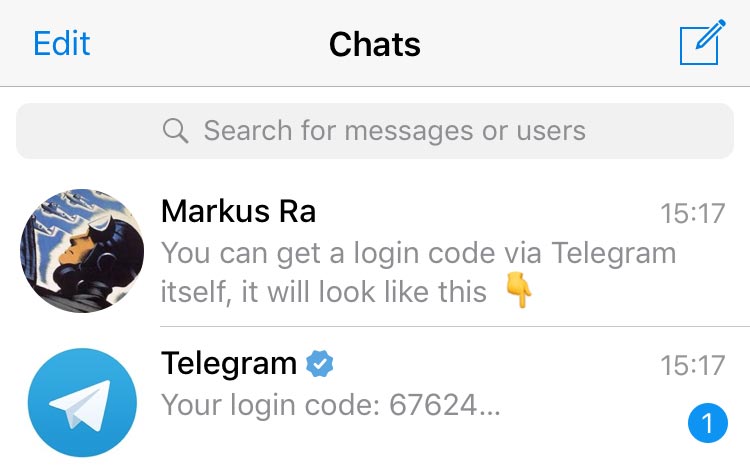Код подтверждения для входа в Telegram приходит сообщением в приложение
